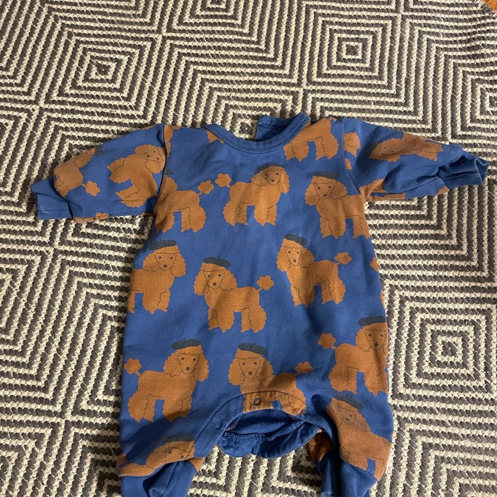 TINYCOTTONS Blue and Brown poodle print baby romper
